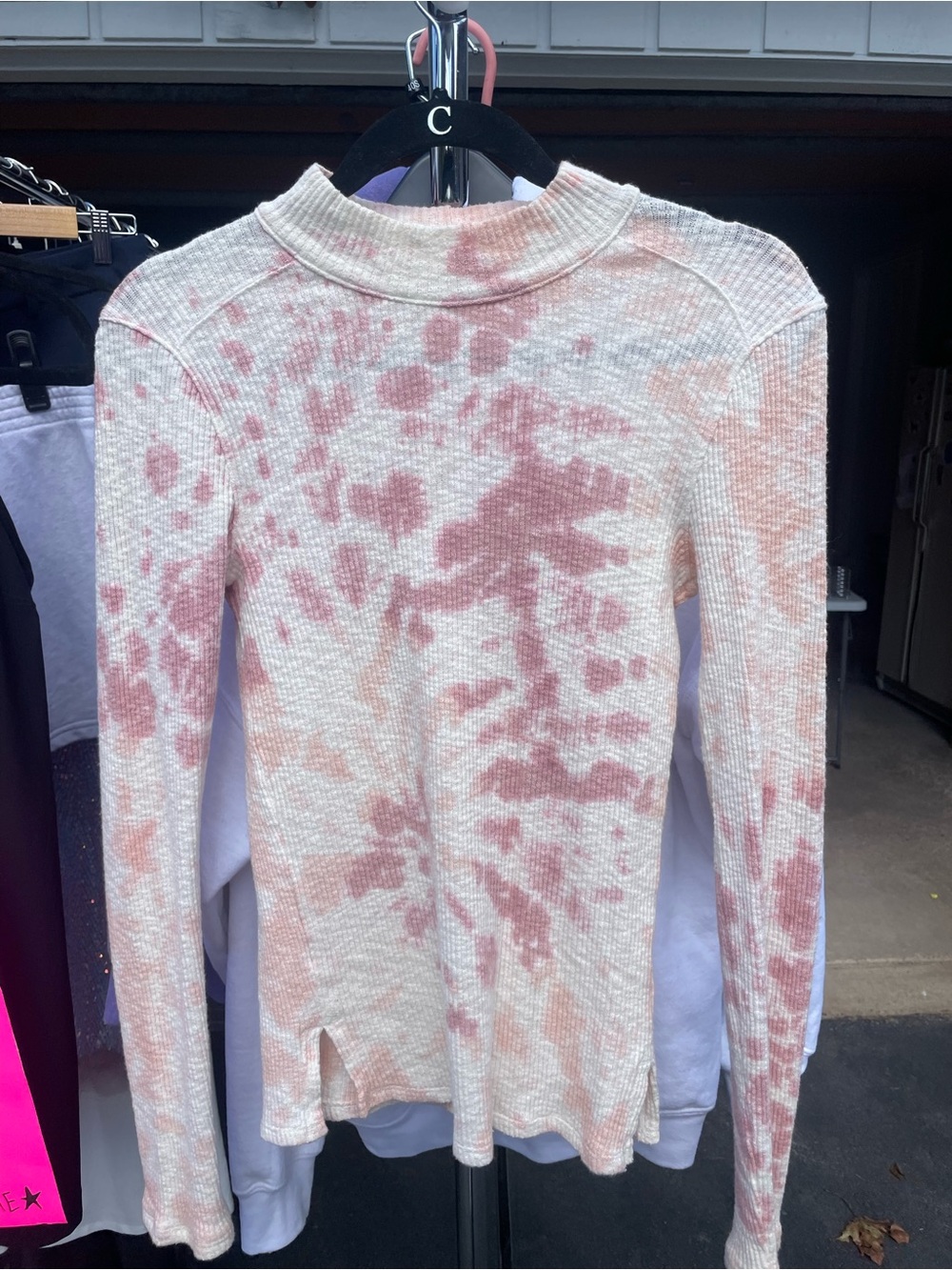 Free People Cream and Pink Tie-Dye Ribbed Long Sleeve Top
